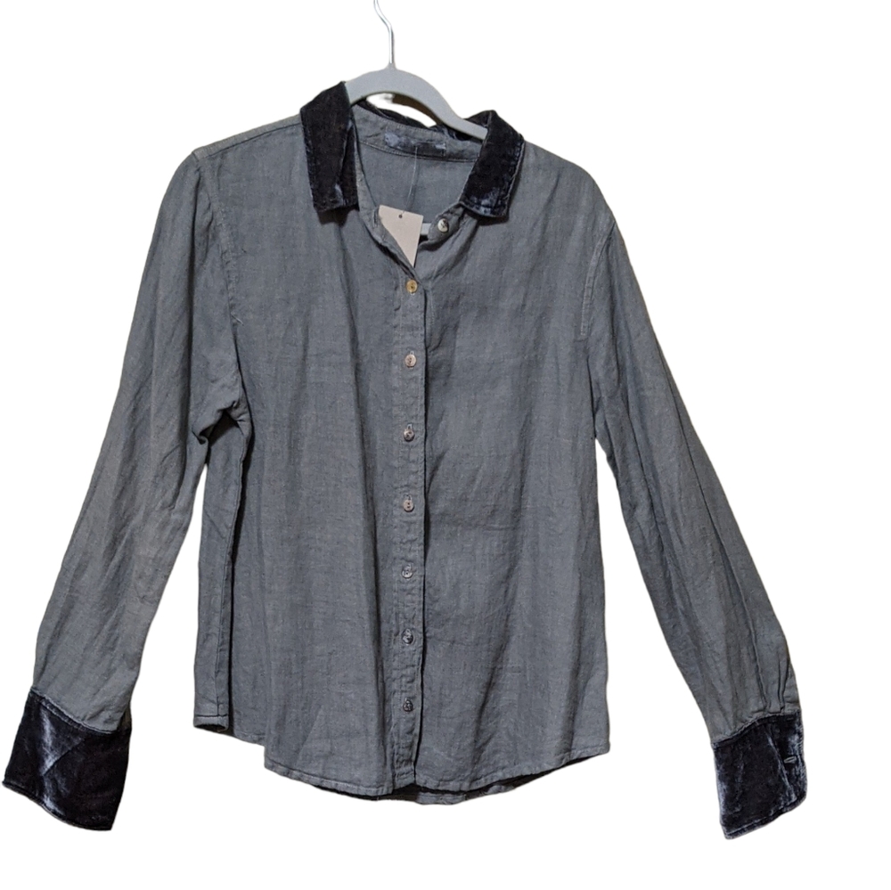 Cut Loose linen casual button front shirt velvet trim gray size small
